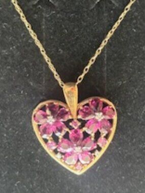 14K gold chain & heart shaped pendant-Clusters of flower shaped Amethyst stones